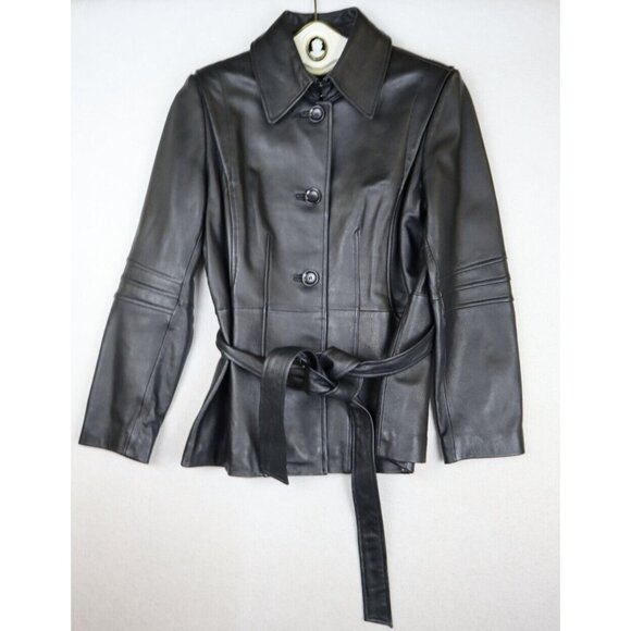 AVANTI - WOMEN'S BLACK SOFT LEATHER BELTED JACKET COAT - SIZE PL - Picture 1 of 11